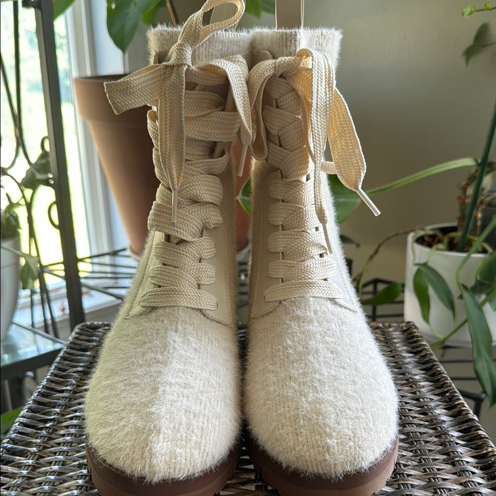 kate spade Cream Lace-Up Wool Combat Boots